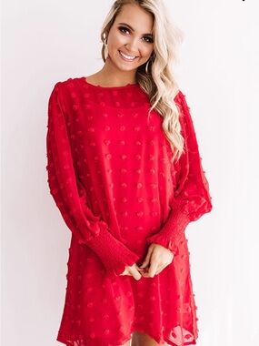 Red Puff-Sleeve Textured Long-Sleeve Dress